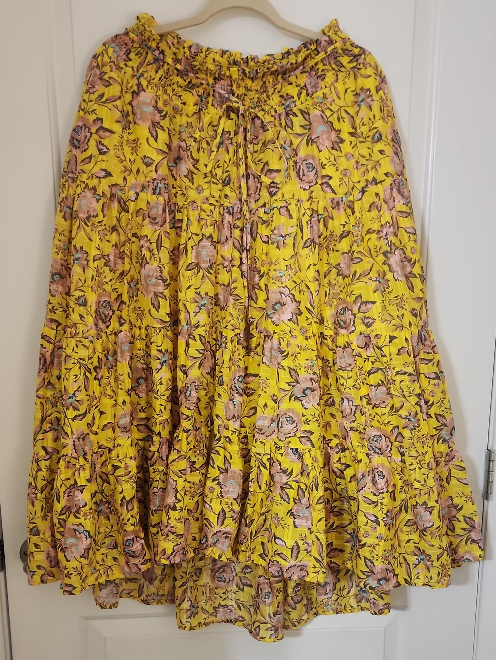 Anthropologie Yellow Floral Tiered Maxi Skirt with Pink Accents